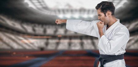 Fighter performing karate stance against digitally generated image of stadiumの写真素材
