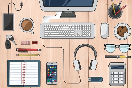 Composite image of illustration desk on a wooden tableの写真素材