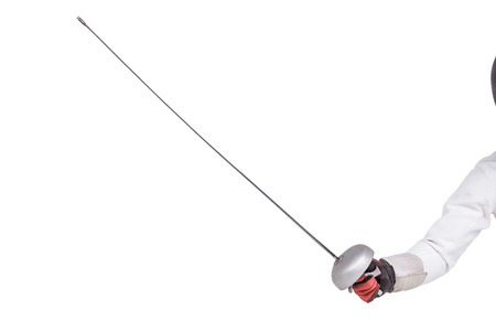 Close-up of swordsman holding fencing sword on white background