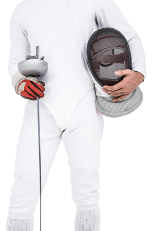 Swordsman holding fencing mask and sword on white background