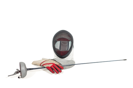 Fencing mask, sword and gloves on isolated white background