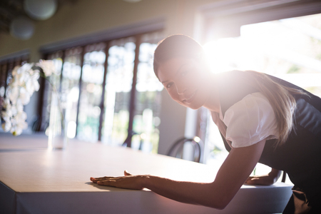 Portrait of waitress setting the table in restaurantの写真素材