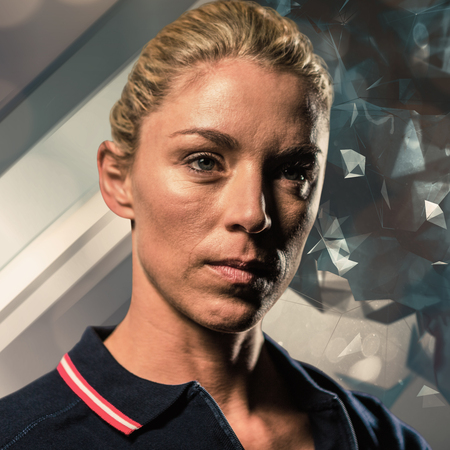 Close-up of female tennis player against angular designの写真素材