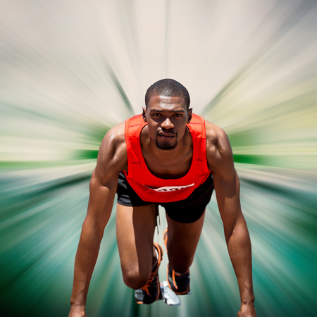 Composite image of athlete man in the starting block against design background