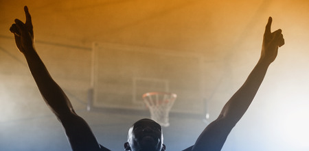 Rear view of a basketball player with his arms in the air in a gymnasiumの写真素材