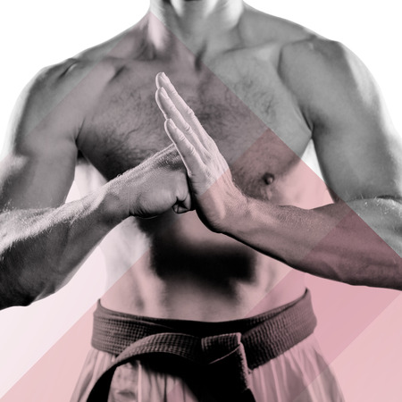 Fighter performing hand salute against colored backgroundの写真素材