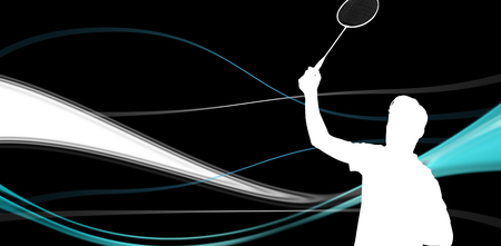 Badminton player playing badminton against abstract lines on black backgroundの写真素材