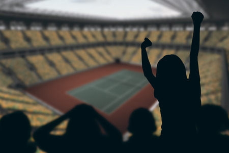 Silhouettes of football supporters against tennis field on a stadiumの写真素材