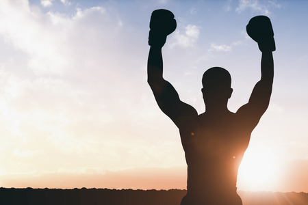 Boxer posing after victory against sun shiningの写真素材