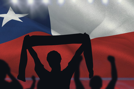 Silhouettes of football supporters against composite image of playing field indoorの写真素材