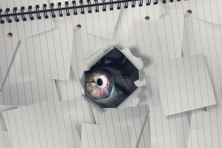 Orange and pink eye on grey face  against view of a notebookの写真素材