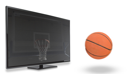 View of a baskektball against basketball hoop hangingの写真素材