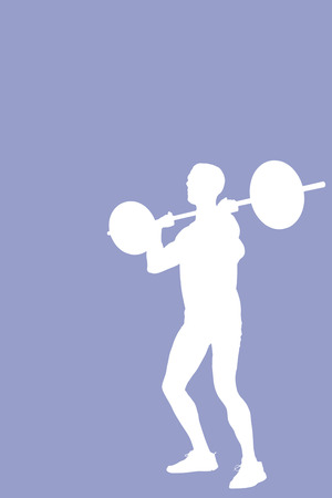 Bodybuilder lifting heavy barbell weights against purpleの写真素材