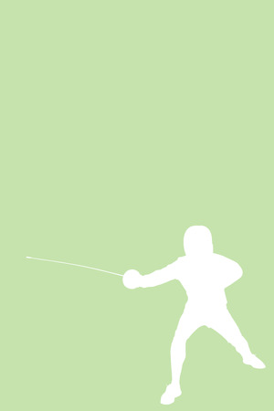 Man wearing fencing suit practicing with sword against green backgroundの写真素材