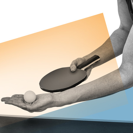 Female athlete playing table tennis against different colorsの写真素材