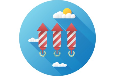 Fireworks graphic in a blue circle on white backgroundの写真素材