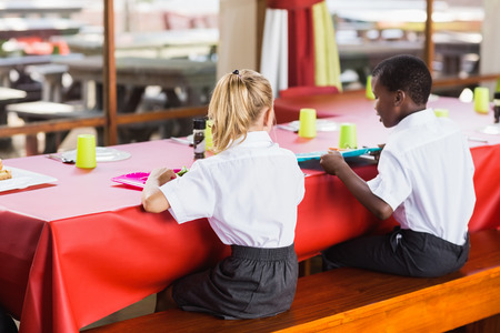 Rear view of boy and girl in school uniforms having lunch in school cafeteriaの写真素材