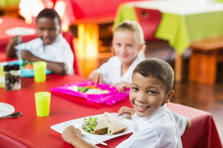 Happy children having lunch during break time in school cafeteriaの写真素材