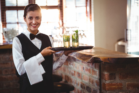 Portrait of female bartender holding a serving tray with two cocktail glassの写真素材