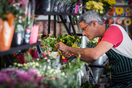 Male florist checking a flowers at flower shopの写真素材