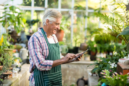 Mature man smiling while using digital tablet at greenhouseの写真素材