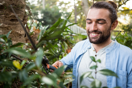 Happy confident young male gardener using hedge clippers at gardenの写真素材