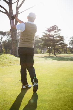 Rear view of sportsman playing golf on a fieldの写真素材
