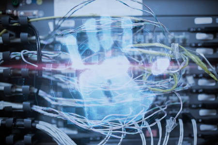Digital security hand print scan against view of data technologyの写真素材