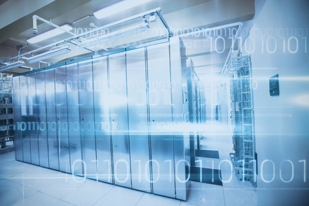 Blue technology design with binary code against image of data storageの写真素材