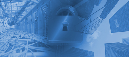 Shiny lock on black background against image of data center