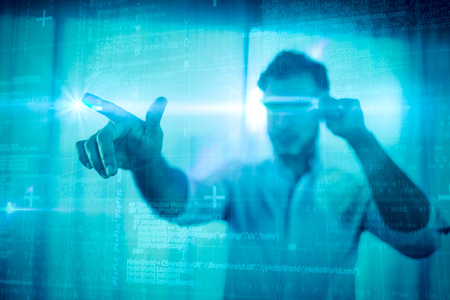 Some Blue matrix and codes against businessman using an oculus