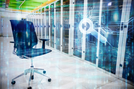 Digitally generated black and blue matrix against swivel chair in front of data center