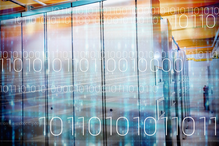 interface against digitally generated black and blue matrixの写真素材