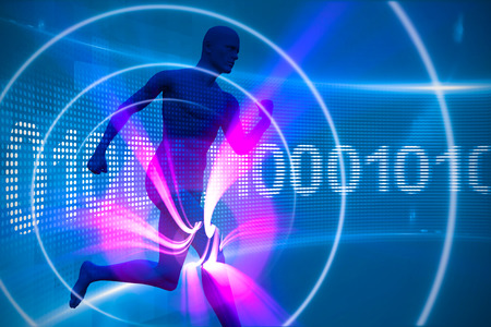 Blue character running against grey spiral with purple lightの写真素材