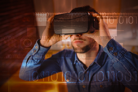 Blue technology design with binary code against man wearing virtual glass