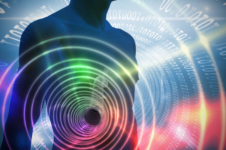 View of a blue body against colorful spiral with bright light