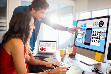 Make your own app smartphone against business people working togetherの写真素材