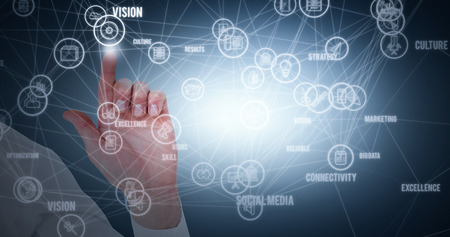 Businessman touching invisible screen against purple vignette