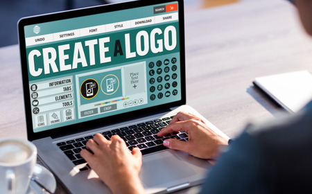 Text and icons on web page against cropped image of man working on laptopの写真素材