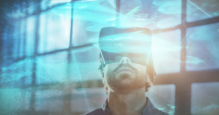 Fish swimming in a tank against male business executive using virtual reality headset