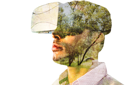 Close up of businessman holding virtual glasses against wooden trail across countrysideの写真素材