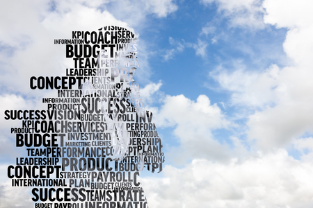 Businesswoman in buzzwords against blue sky with white cloudsの写真素材