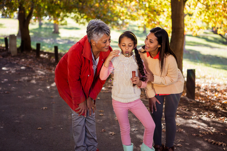 Girl blowing bubble with family at park