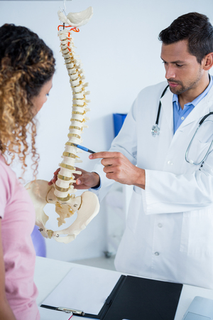 Physiotherapist explaining spine model to patient in clinicの写真素材