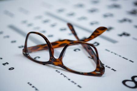Close-up of spectacles on eye chart in ophthalmology clinic