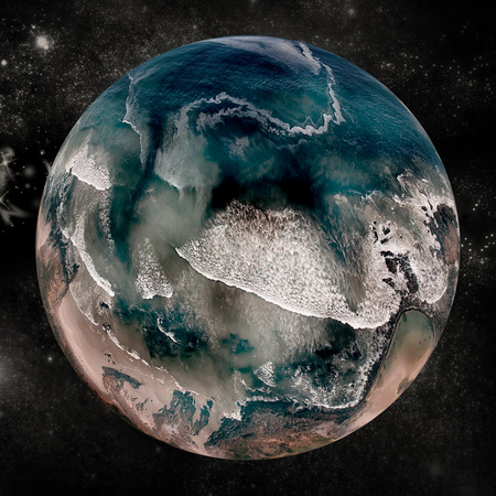 Digitally generated image of sea covered earth over white background