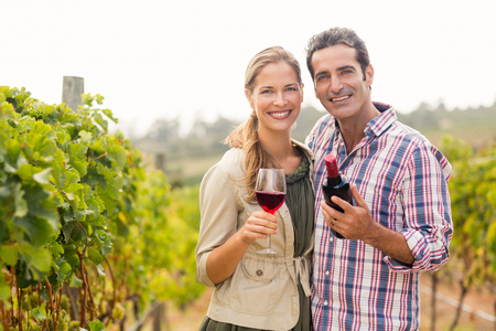 Portrait of happy couple holding glass and a bottle of wine in vineyardの写真素材