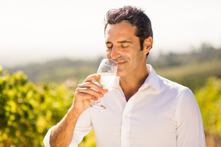 Male vintner smelling glass of wine in vineyard