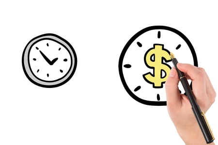 digital composite of hand drawing clock with dollar signの写真素材