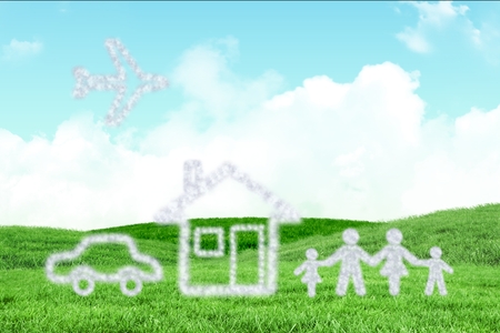 composite of family and airplane graphics with green field backgroundの写真素材